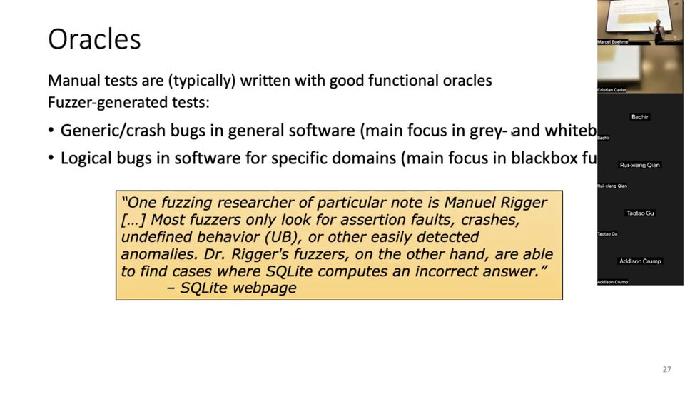 The slide displays SQLite's own paragraph about the project's author, attributed on the slide to the SQLite webpage. Its wording is in the dataset already, quoted from sqlite.org/testing.html.