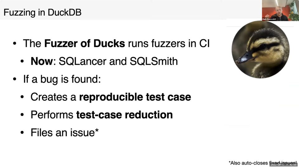 The robot that runs fuzzers in DuckDB's CI, and what it was running at the time: SQLancer and SQLsmith.