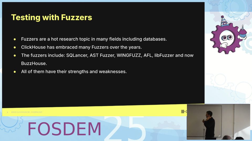 The slide "Testing with Fuzzers" names the fuzzers ClickHouse runs, SQLancer first among them.