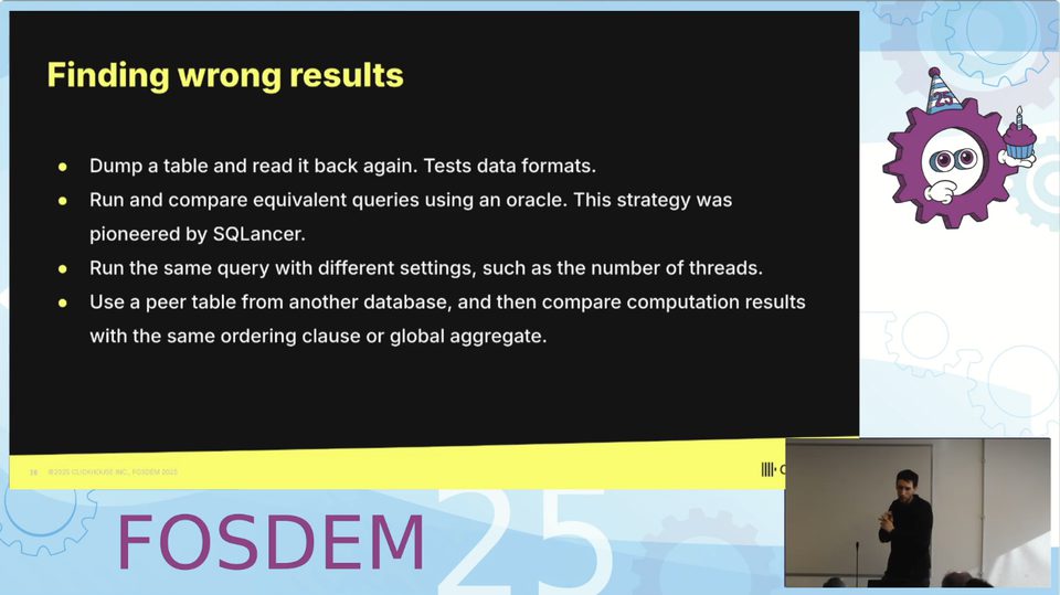 The slide "Finding wrong results" credits SQLancer by name with pioneering the comparison of equivalent queries against an oracle.