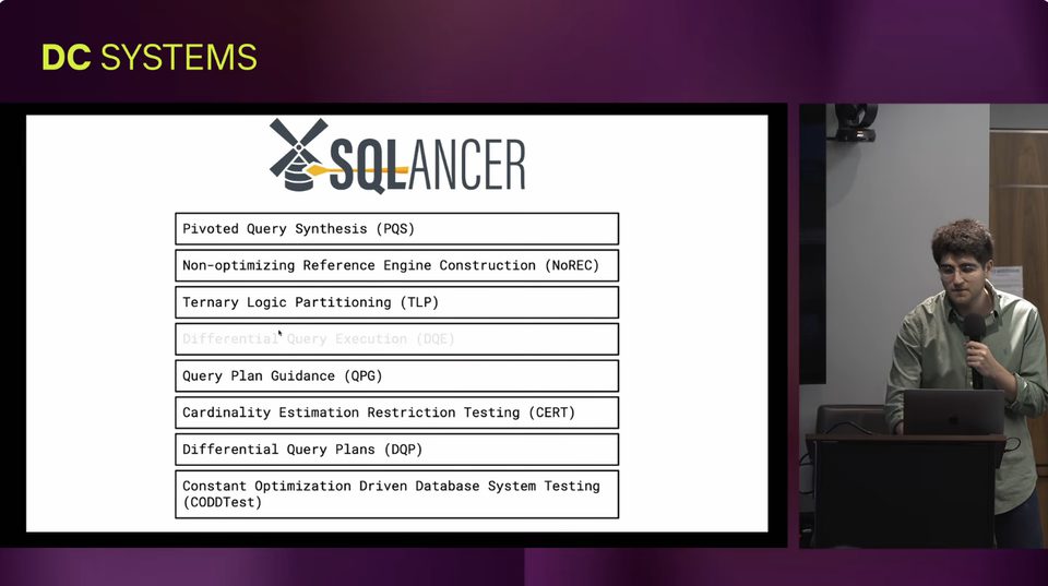 The slide behind the speaker is SQLancer's logo above its eight oracles, named in full: PQS, NoREC, TLP, DQE, QPG, CERT, DQP and CODDTest.